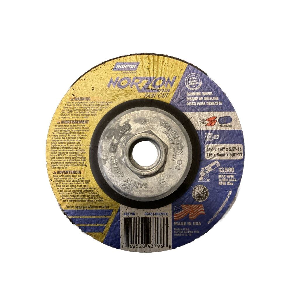 Norton BlueFire Plus Fast Cut Grinding Wheel 4-1/2”‎ x 1/4” x 5/8” -11 27 A24R